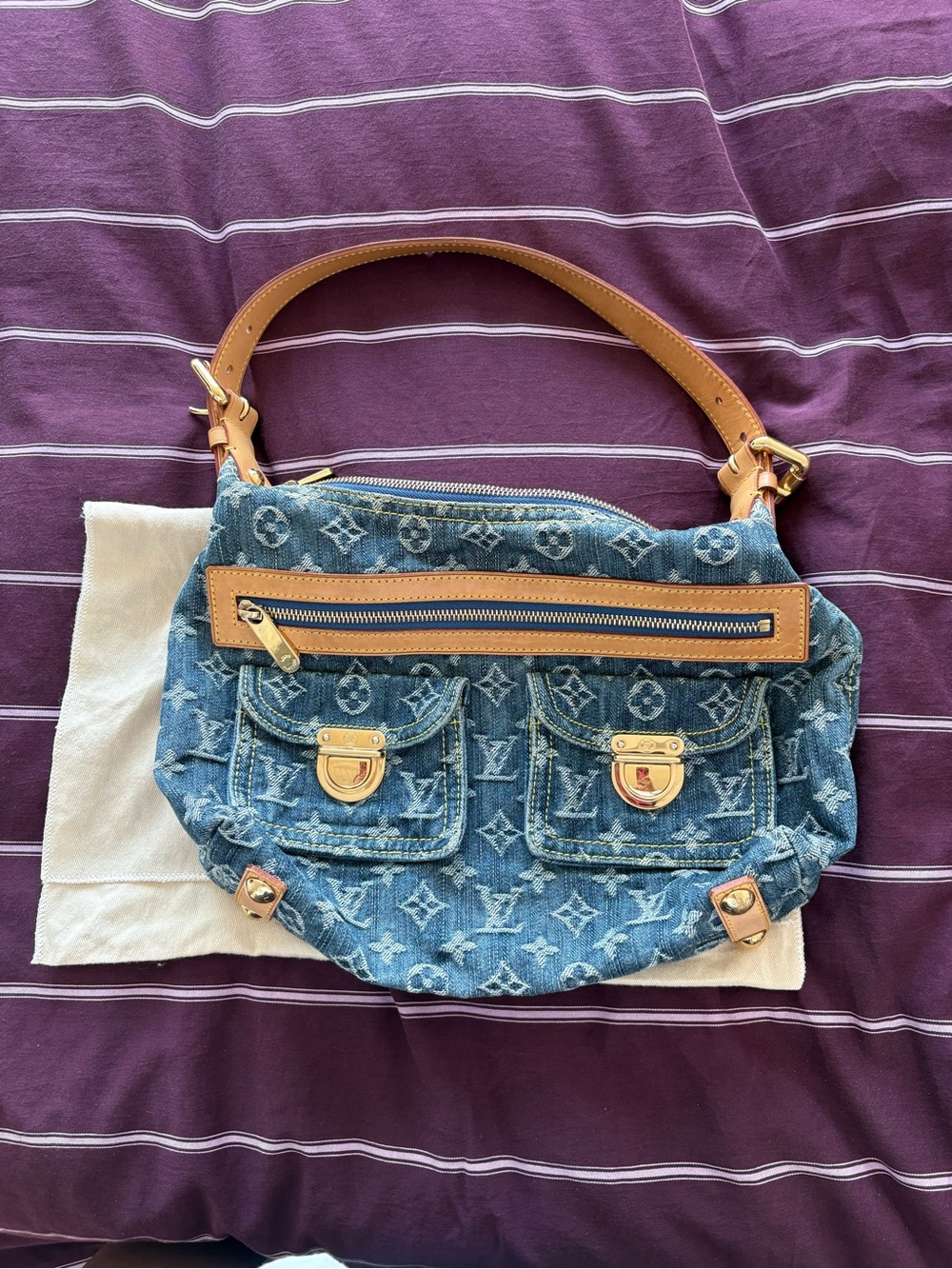 Louis Vuitton Blue Denim Monogram Hobo Bag with Tan Leather Trim